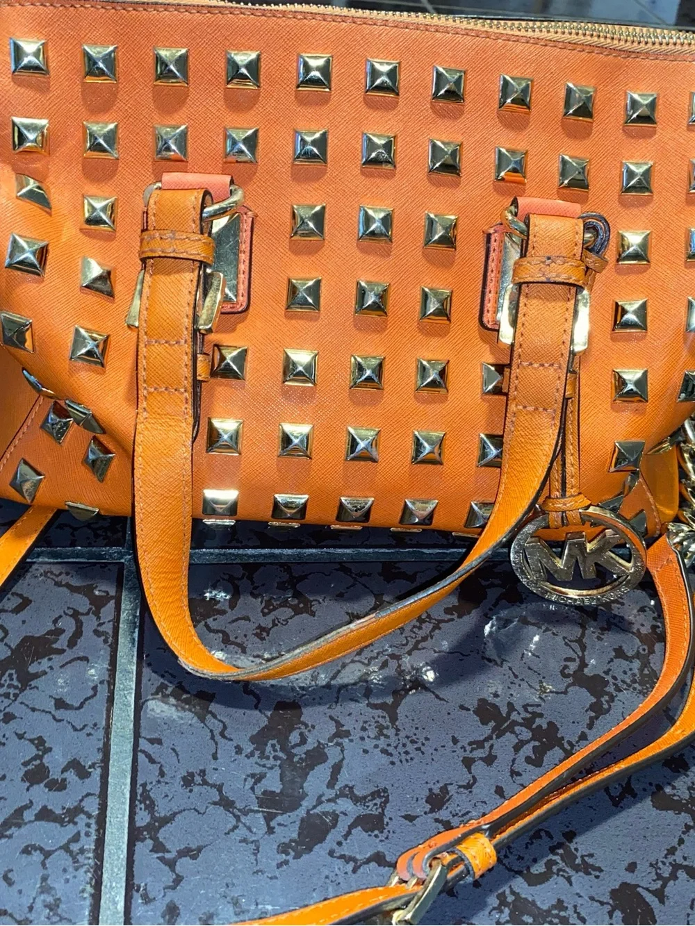 Michael Kors Orange Leather Satchel with Gold Studs